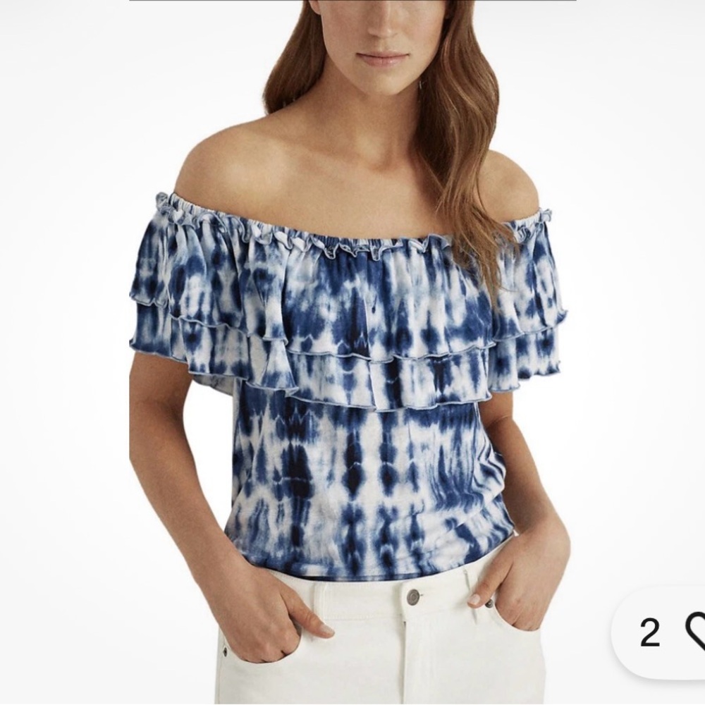 Lauren Ralph Lauren Womens Tie Dye Blue Off The Shoulder Blouse Coquette Top XL - Picture 7 of 8